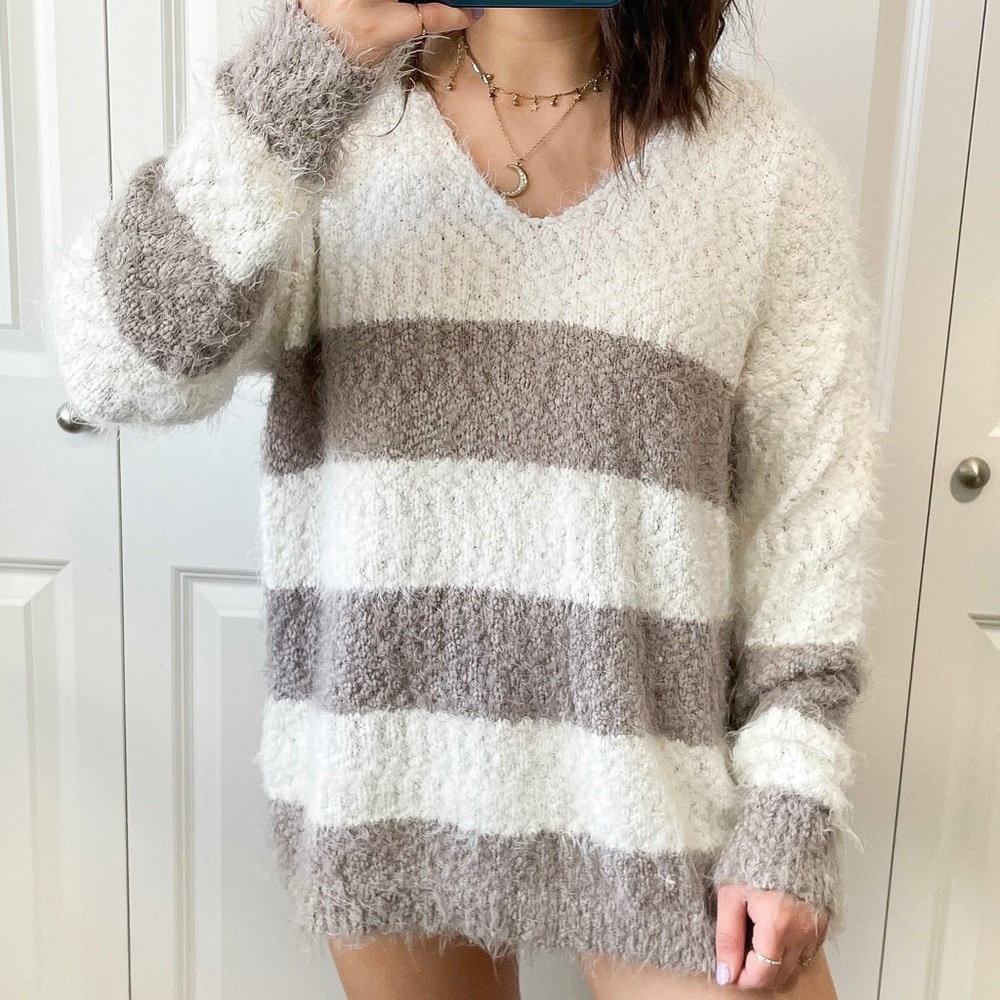 White and brown chunky fuzzy knit v neck sweater
